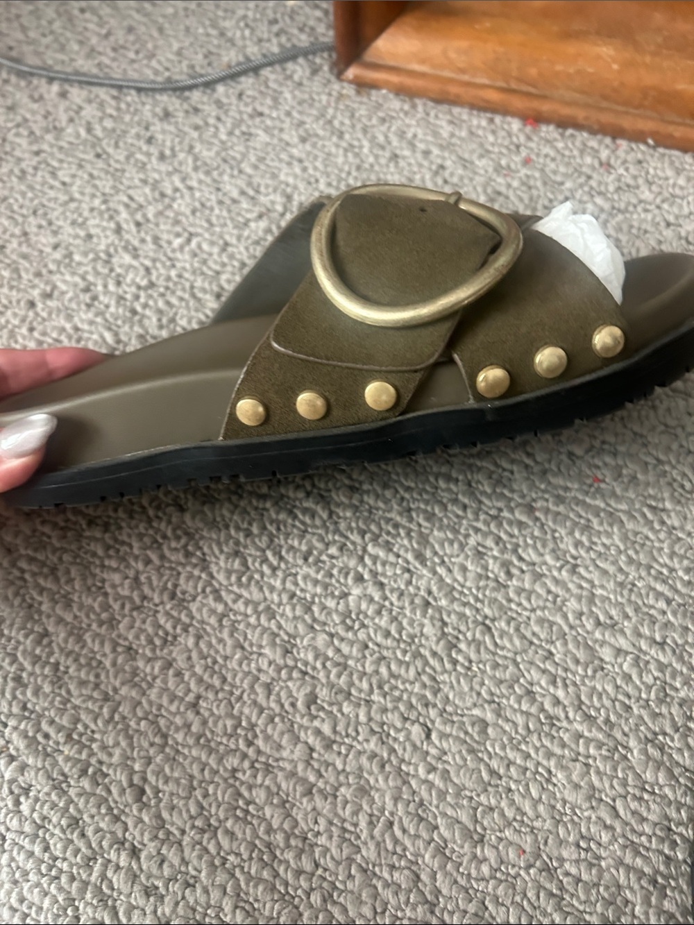 Zara Olive Green Suede Slide Sandals with Oversized Buckle - Picture 6 of 8